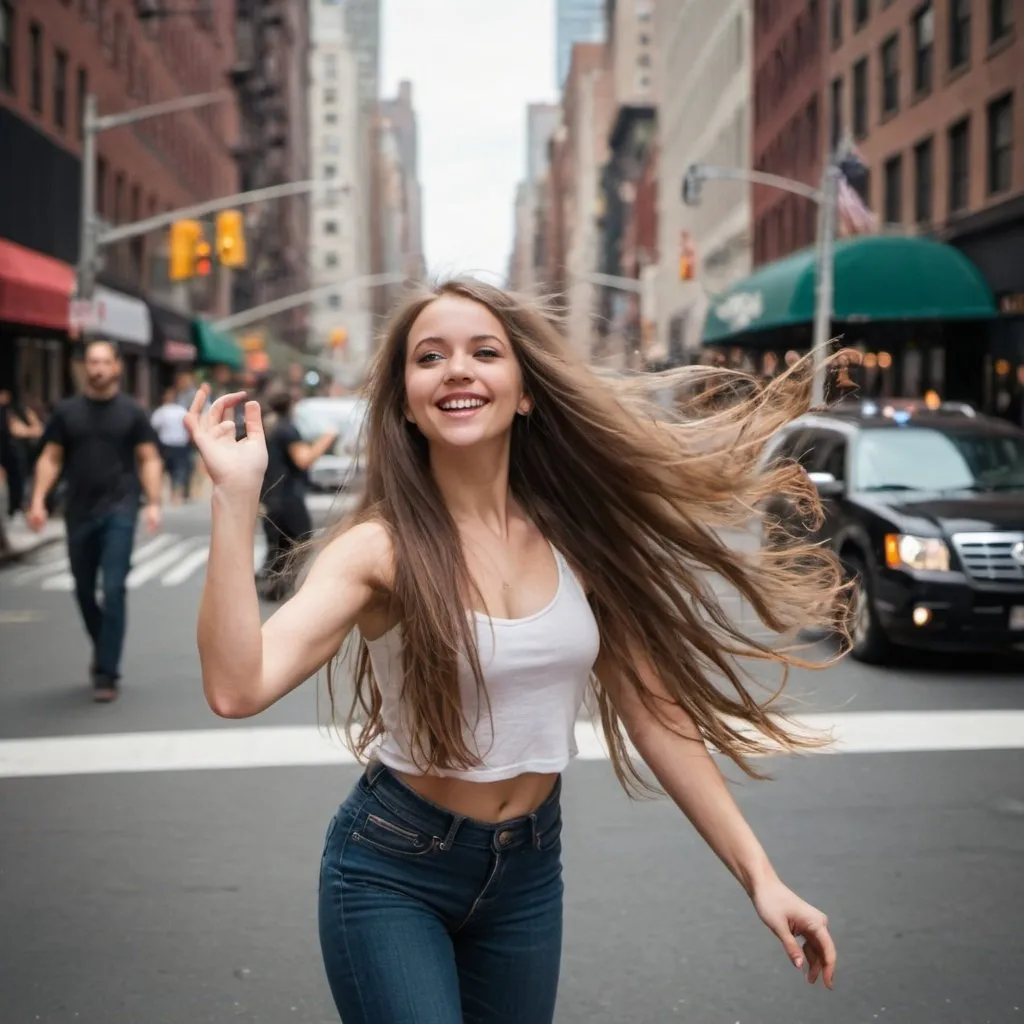 Prompt: beautiful city girl with long hair, dancing in the streets of New York City
