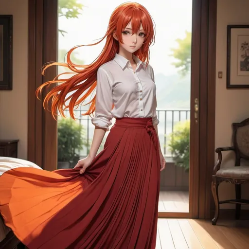 Prompt: The back of a long-straight orange-red haired anime girl with untied hair. The anime girl is wearing a buttoned shirt and a red pleated maxi long skirt that is extremely long. The anime girl is standing on a wooden floor.