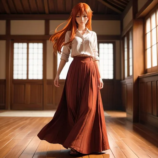 Prompt: The back of a long-straight orange-red haired anime girl with untied hair. The anime girl is wearing a buttoned shirt and a red pleated maxi long skirt that is extremely long. The anime girl is standing on a wooden floor.