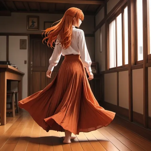 Prompt: The back of a long-straight orange-red haired anime girl with untied hair. The anime girl is wearing a buttoned shirt and a red pleated maxi long skirt that is extremely long. The anime girl is standing on a wooden floor.