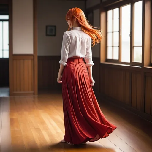 Prompt: The back of a long-straight orange-red haired anime girl with untied hair. The anime girl is wearing a buttoned shirt and a red pleated maxi long skirt that is extremely long. The anime girl is standing on a wooden floor.