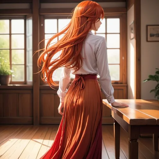 Prompt: The back of a long-straight orange-red haired anime girl with untied hair. The anime girl is wearing a buttoned shirt and a red pleated maxi long skirt that is extremely long. The anime girl is standing on a wooden floor.