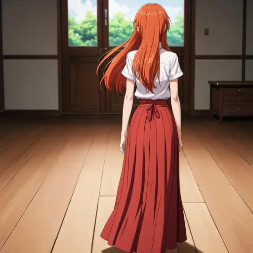 Prompt: The back of a long-straight orange-red haired anime girl with untied hair. The anime girl is wearing a buttoned shirt and a red pleated maxi long skirt that is extremely long. The anime girl is standing on a wooden floor.