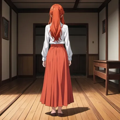 Prompt: The back of a long-straight orange-red haired anime girl with untied hair. The anime girl is wearing a buttoned shirt and a red pleated maxi long skirt that is extremely long. The anime girl is standing on a wooden floor.