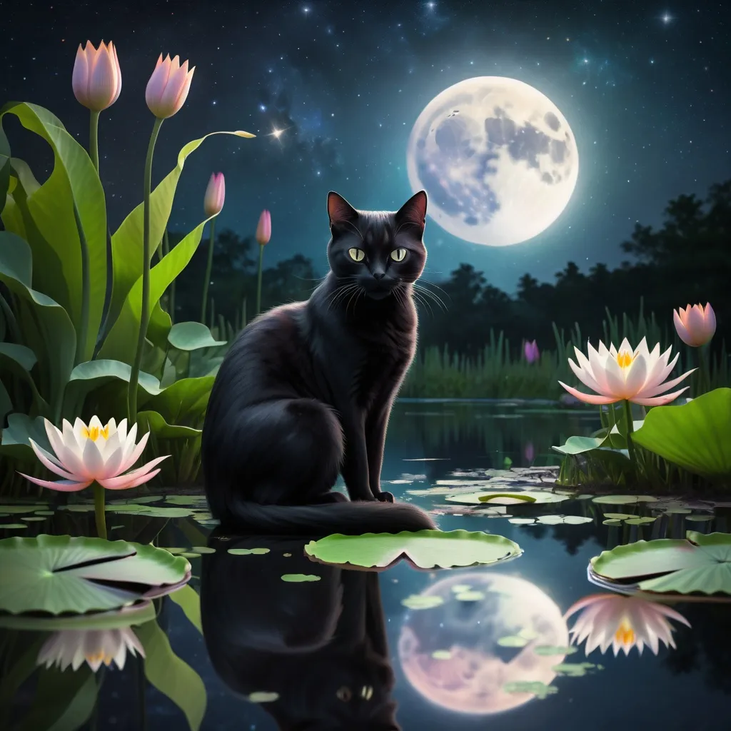 Prompt: A black cat sitting in front of the moon by a pond with lily-pads with the water reflecting the night skies