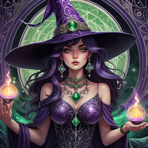 Prompt: (tarot card illustration), (anime style), tall woman, wearing a witch hat, long purple dress, accents of green and black, ornate silver jewelry, (dramatic lighting), mystical ambiance, detailed facial expressions, intricate patterns on the dress, enchanting background with swirling colors, ethereal and magical elements, ultra-detailed, vibrant colors.