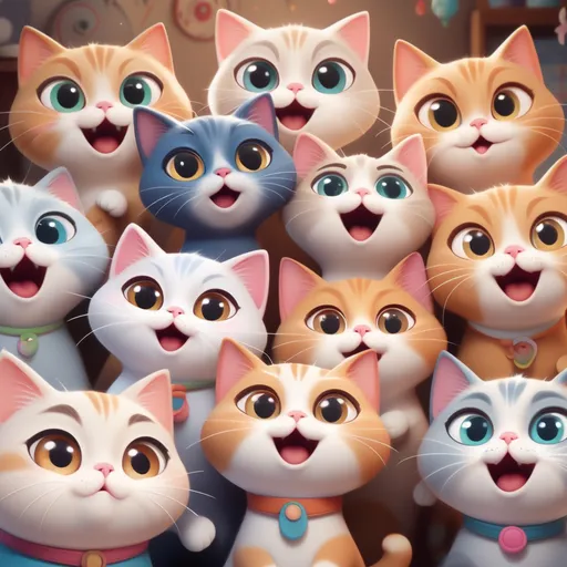 Prompt: (cartoonish cats with surprised faces), neutral colors, playful expressions, whimsical style, exaggerated features, cheerful atmosphere, dynamic poses,  imaginative backgrounds, HD, captivating and fun scene, delightful and charming composition, inviting and engaging vibe.