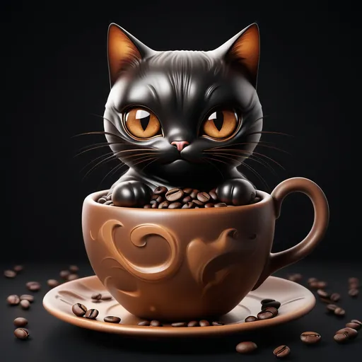 Prompt: (cat as a coffee bean), (solid black background), whimsical, surreal, unique concept, smooth textures, playful design, highly detailed illustration, striking contrast, lush brown tones for the bean, vivid eyes of a cat, intriguing blend of feline and coffee elements, enchanting ambiance, imaginative, high-quality rendering, HD.