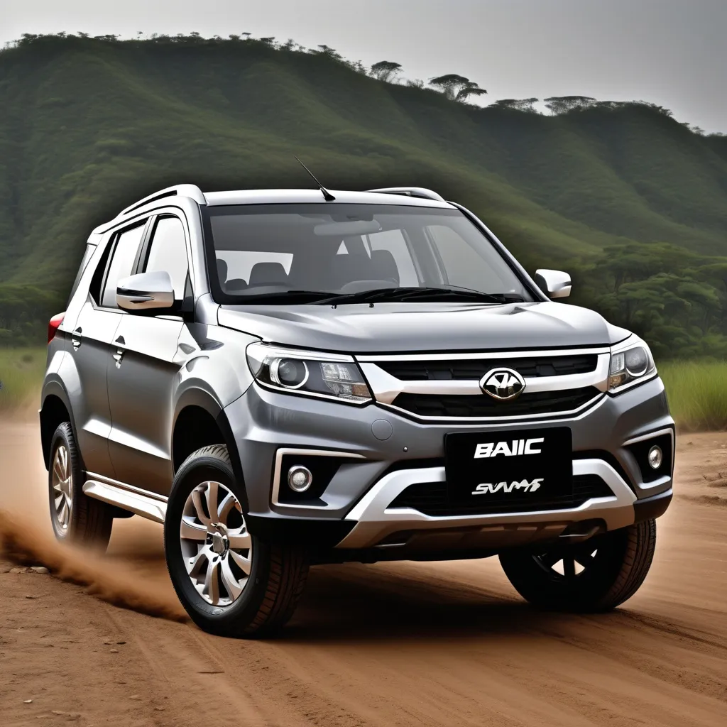 Prompt: BAIC Savanah M43 
 entry level , SUV and 4X4 Stylish yet rugged , like a Suzuki jimmy, boxy
 Modern mechanical aesthetics, Colors, dark grey, black, white, camo green, background must be in the savannah
most be entry level and look compact