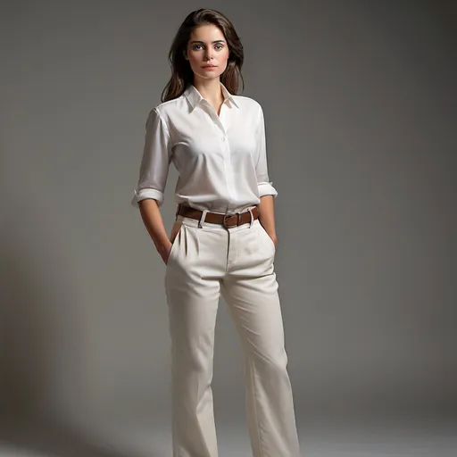 Prompt: "A realistic, full-body image of a Western female model standing in a neutral, confident posture, wearing a plain white shirt blouse tucked into pants or a skirt. The blouse is simple, without patterns or embellishments, with a classic fit and slight sheen to emphasize the fabric under studio lights. The model has a natural expression, with subtle makeup and well-groomed hair styled in a simple, elegant way. The setting is a professional studio with soft artificial lighting, creating gentle shadows and enhancing the details of the outfit. The background is light grey, minimalistic, ensuring the model remains the focal point."