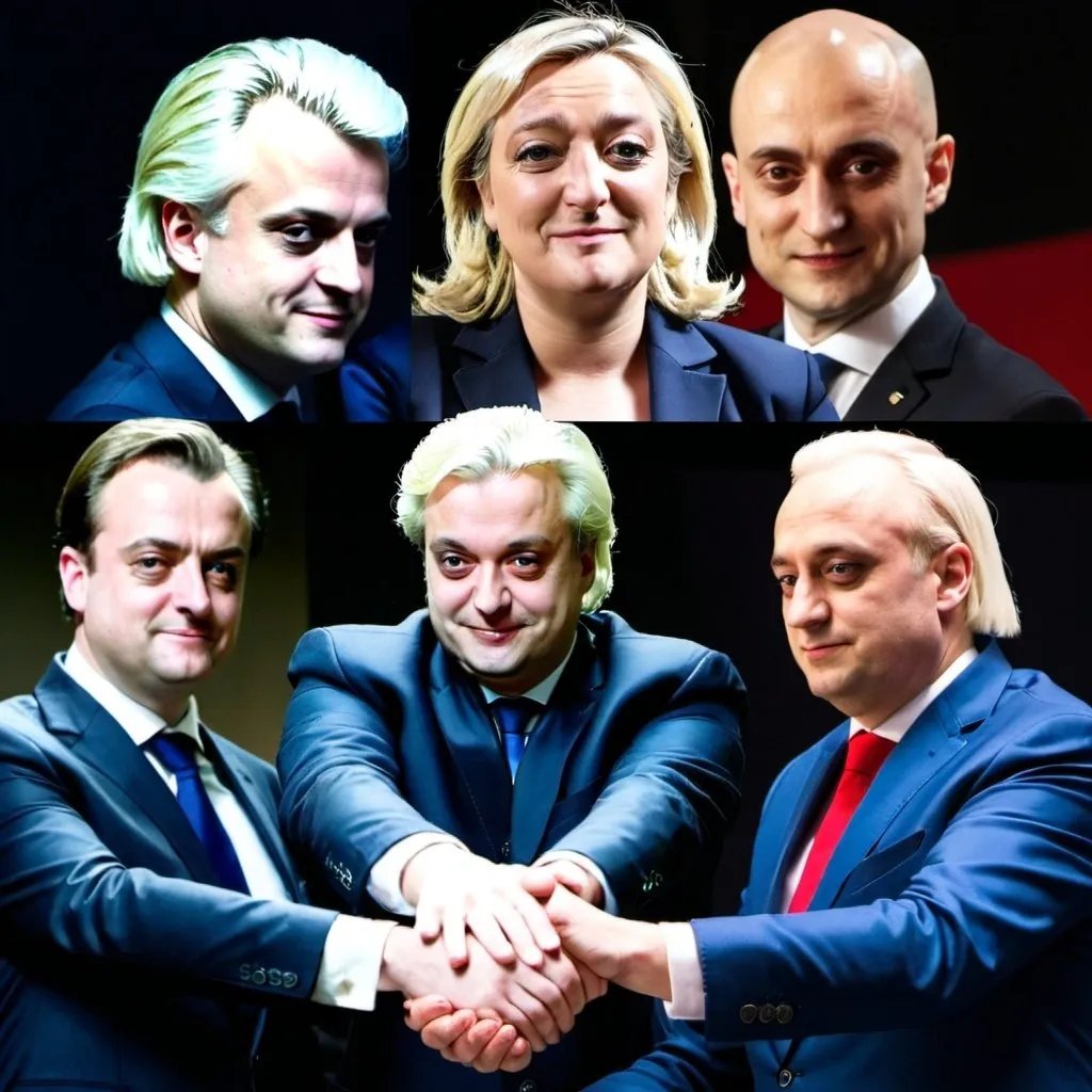 Prompt: A collage of Geert Wilders, Bart Wever, Marine Le Pen and Lord Voldemort all holding hands