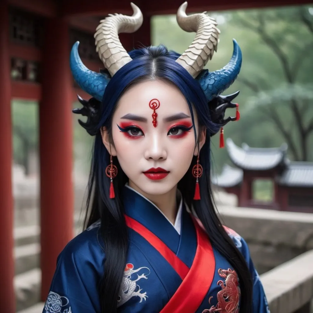 Prompt: Beautiful Chinese dragon girl with horns, and pointed ears, wearing dark blue hanfu, and red eyeliner, and Gothic makeup