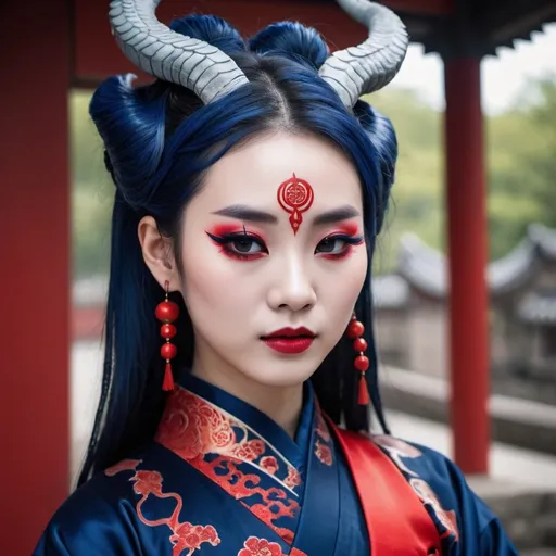 Prompt: Beautiful Chinese dragon girl with horns wearing dark blue hanfu and red eyeliner and Gothic makeup