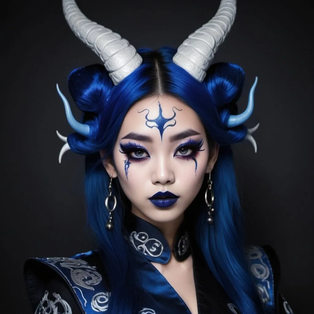 Prompt: Beautiful gothic Chinese dragon girl with horns, and pointed ears, wearing dark blue and black hanfu, and red eyeliner, and dark blue lipstick