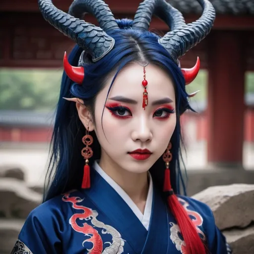 Prompt: Beautiful Chinese dragon girl with horns, and pointed ears, wearing dark blue hanfu, and red eyeliner, and Gothic makeup