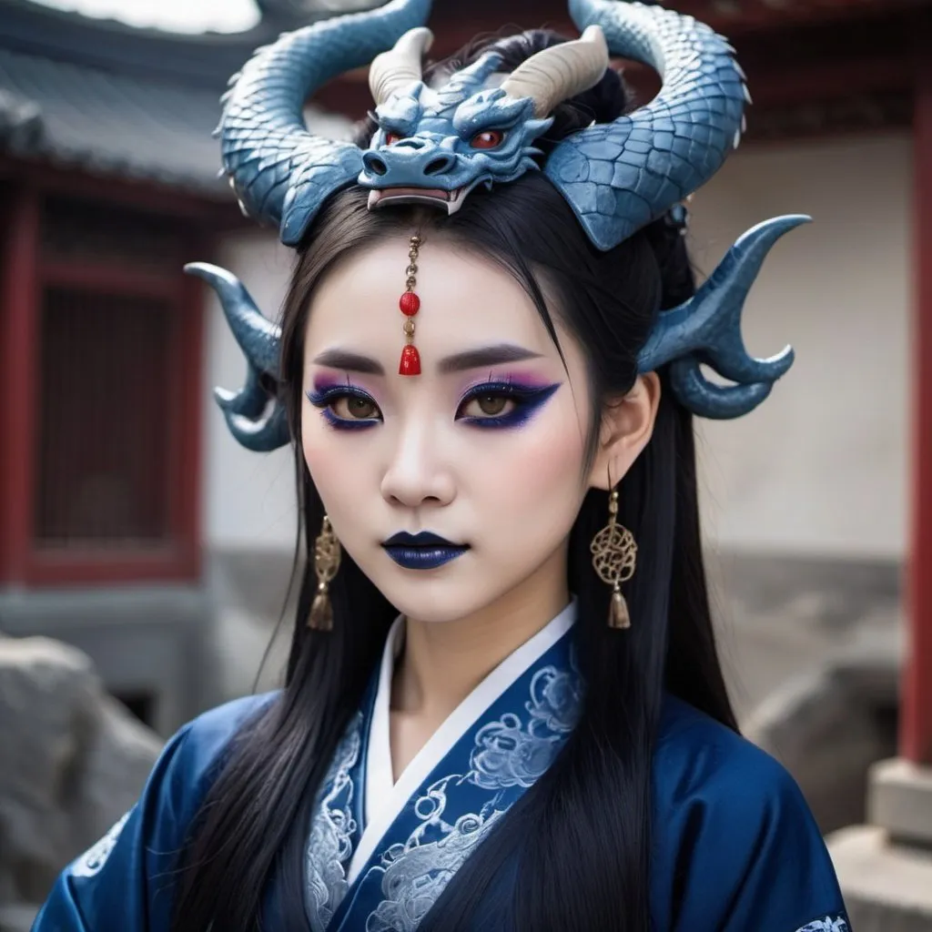 Beautiful Chinese dragon girl with horns wearing dar...