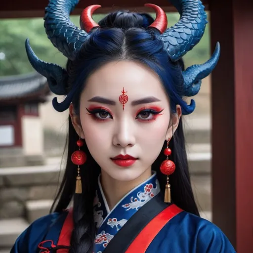 Prompt: Beautiful Chinese dragon girl with horns, and pointed ears, wearing dark blue hanfu, and red eyeliner, and Gothic makeup