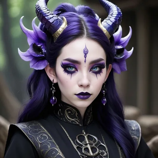 Prompt: Beautiful Chinese dragon girl with horns, and pale skin, and dark purple irises, and pointed ears, wearing black hanfu with blue accents, and minimal red eyeliner, and very dark blue lipstick