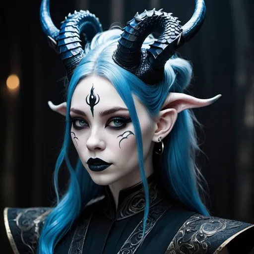 Prompt: Beautiful Chinese dragon girl with horns, and pale skin, and dark purple irises, and pointed ears, wearing black hanfu with blue accents, and red eyeliner, and very dark blue lipstick