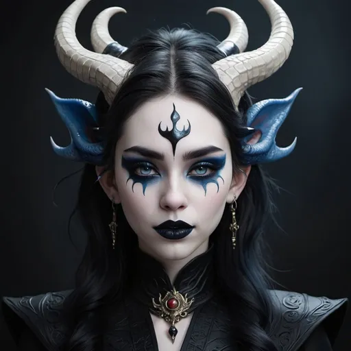 Prompt: Beautiful Chinese dragon girl with horns, and pale skin, and dark purple irises, and pointed ears, wearing black hanfu with blue accents, and red eyeliner, and very dark blue lipstick