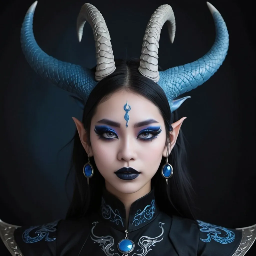 Prompt: Beautiful  Chinese dragon girl with horns, and pointed ears, wearing black hanfu with blue accents, and minimal red eyeliner, and very dark blue lipstick