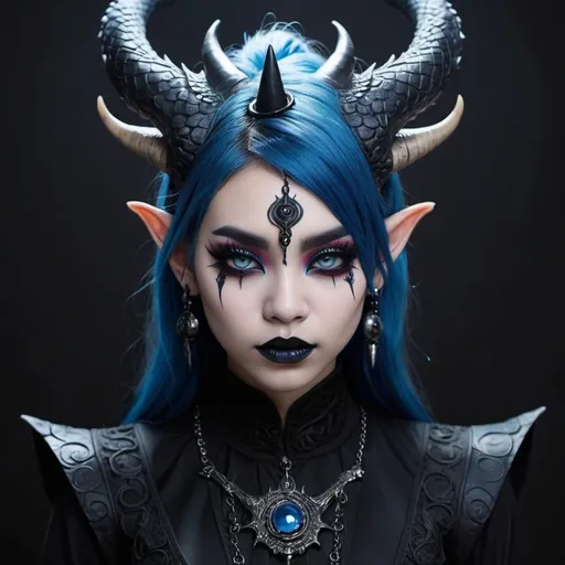 Prompt: Beautiful gothic Chinese dragon girl with horns, and pointed ears, wearing black hanfu with blue accents, and minimal red eyeliner, and very dark blue lipstick