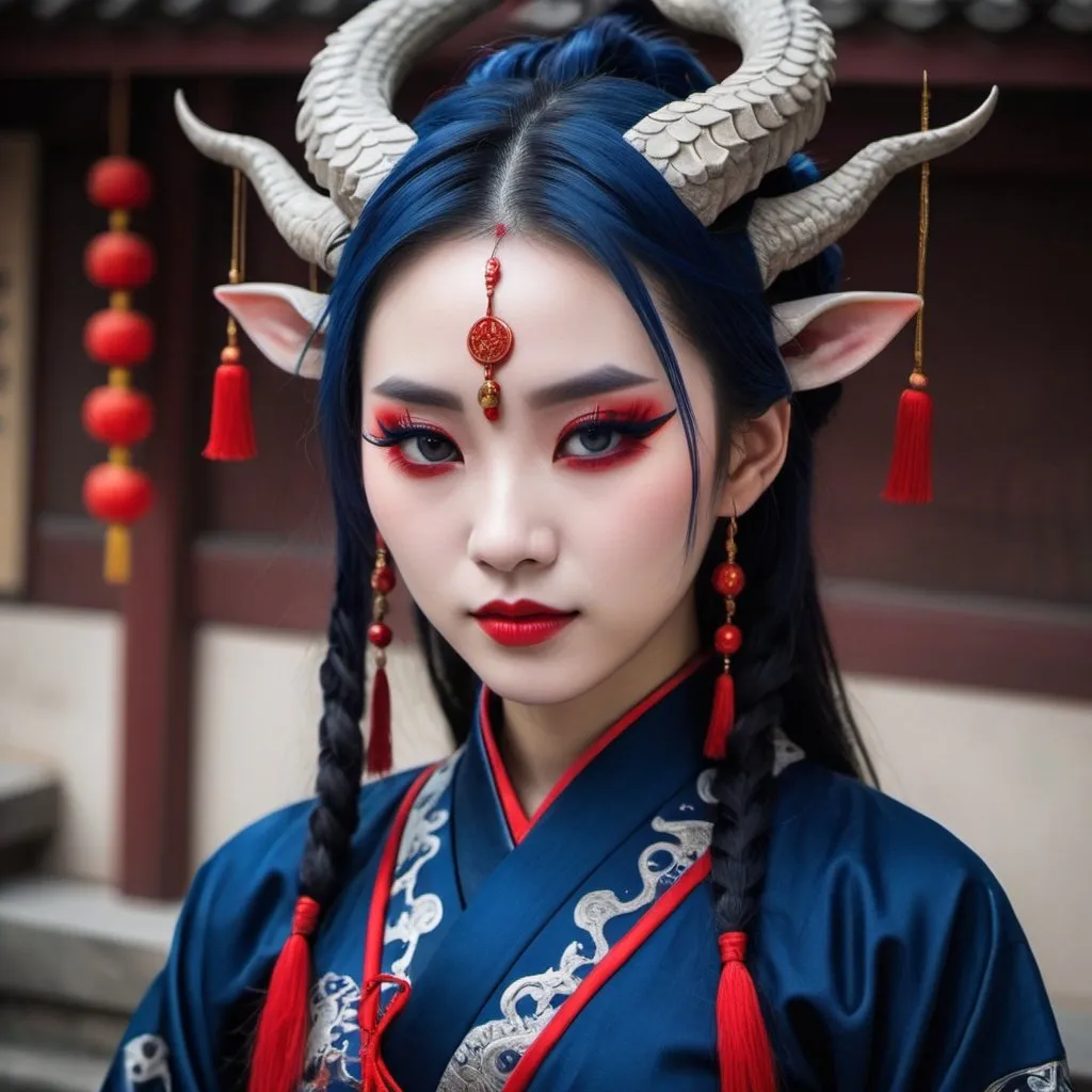 Prompt: Beautiful Chinese dragon girl with horns, wearing dark blue hanfu, and red eyeliner, and Gothic makeup