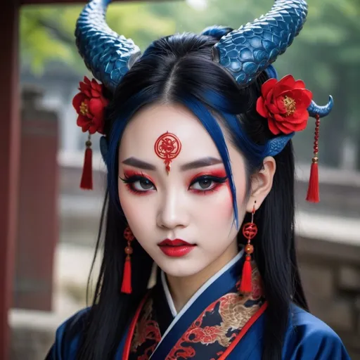 Prompt: Beautiful gothic Chinese dragon girl with horns, and pointed ears, wearing dark blue and black hanfu, and red eyeliner, and Gothic makeup