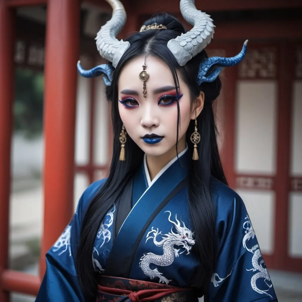 Prompt: Beautiful Chinese dragon girl with horns wearing dark blue hanfu and Gothic makeup