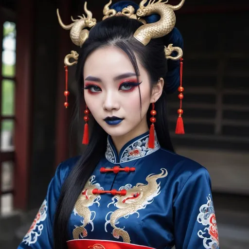 Prompt: Beautiful Chinese dragon girl wearing dark blue traditional Chinese dress and Gothic makeup