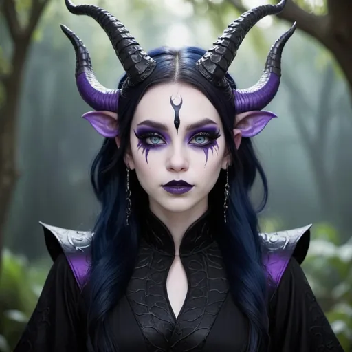 Prompt: Beautiful Chinese dragon girl with horns, and pale skin, and dark purple irises, and pointed ears, wearing black hanfu with blue accents, and minimal red eyeliner, and very dark blue lipstick