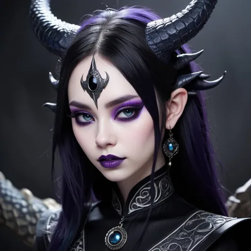 Prompt: Beautiful Chinese dragon girl with horns, and pale skin, and dark purple eyes, and pointed ears, wearing black hanfu with blue accents, and minimal red eyeliner, and very dark blue lipstick