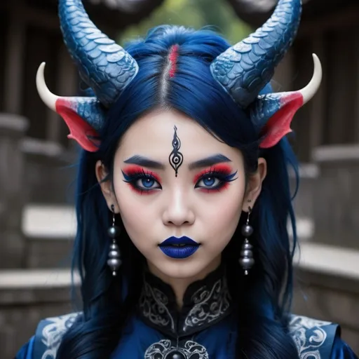 Prompt: Beautiful gothic Chinese dragon girl with horns, and pointed ears, wearing dark blue and black hanfu, and red eyeliner, and dark blue lipstick