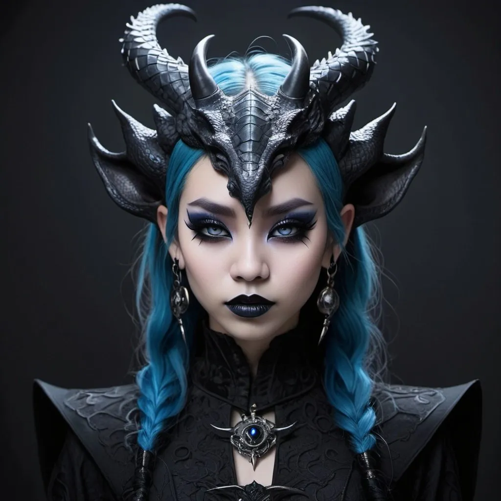 Prompt: Beautiful gothic Chinese dragon girl with horns, and pointed ears, wearing black hanfu with blue accents, and minimal red eyeliner, and very dark blue lipstick