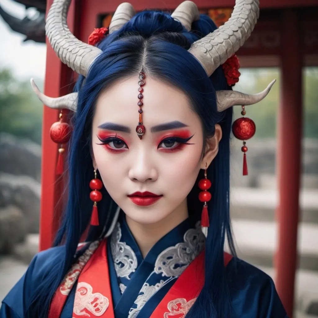 Prompt: Beautiful Chinese dragon girl with horns wearing dark blue hanfu and red eyeliner and Gothic makeup