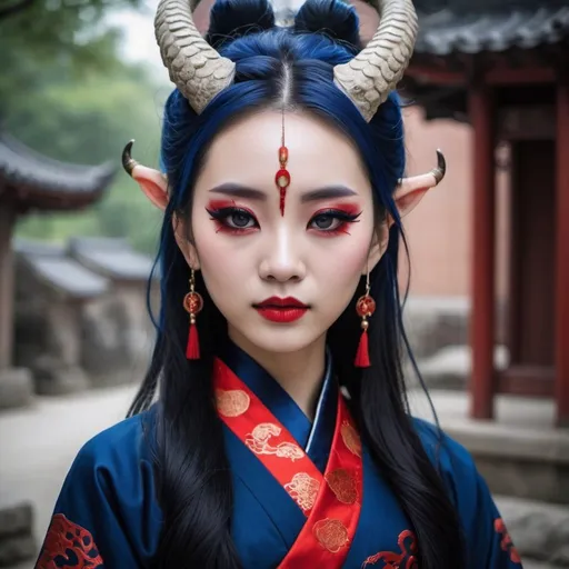 Prompt: Beautiful Chinese dragon girl with horns, wearing dark blue hanfu, and red eyeliner, and Gothic makeup