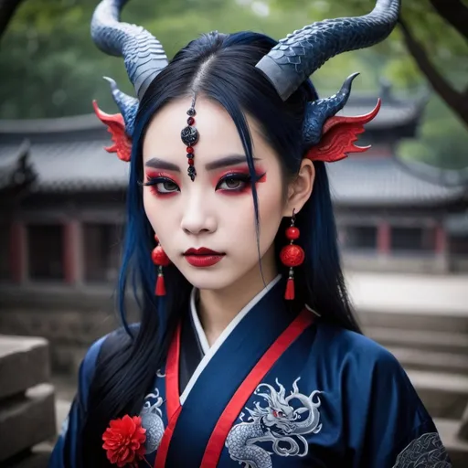 Prompt: Beautiful gothic Chinese dragon girl with horns, and pointed ears, wearing dark blue and black hanfu, and red eyeliner, and Gothic makeup