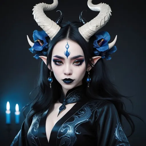 Prompt: Beautiful Chinese dragon girl with horns, and pale skin, and dark purple irises, and pointed ears, wearing black hanfu with blue accents, and red eyeliner, and very dark blue lipstick