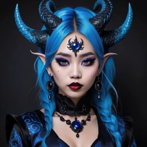 Prompt: Beautiful gothic Chinese dragon girl with horns, and pointed ears, wearing dark blue and black hanfu, and red eyeliner, and dark blue lipstick