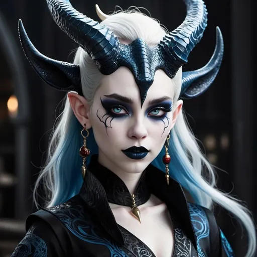 Prompt: Beautiful Chinese dragon girl with horns, and pale skin, and dark purple irises, and pointed ears, wearing black hanfu with blue accents, and red eyeliner, and very dark blue lipstick