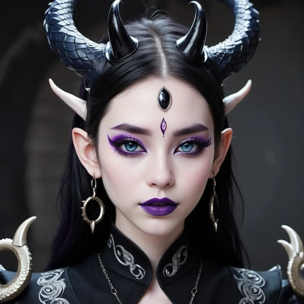 Prompt: Beautiful Chinese dragon girl with horns, and pale skin, and dark purple eyes, and pointed ears, wearing black hanfu with blue accents, and minimal red eyeliner, and very dark blue lipstick