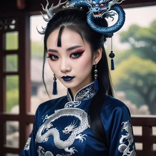 Prompt: Beautiful Chinese dragon girl wearing dark blue traditional Chinese dress and Gothic makeup