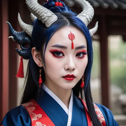Prompt: Beautiful Chinese dragon girl with horns, and pointed ears, wearing dark blue hanfu, and red eyeliner, and Gothic makeup