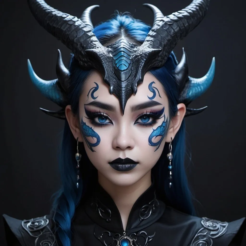 Prompt: Beautiful  Chinese dragon girl with horns, and pointed ears, wearing black hanfu with blue accents, and minimal red eyeliner, and very dark blue lipstick