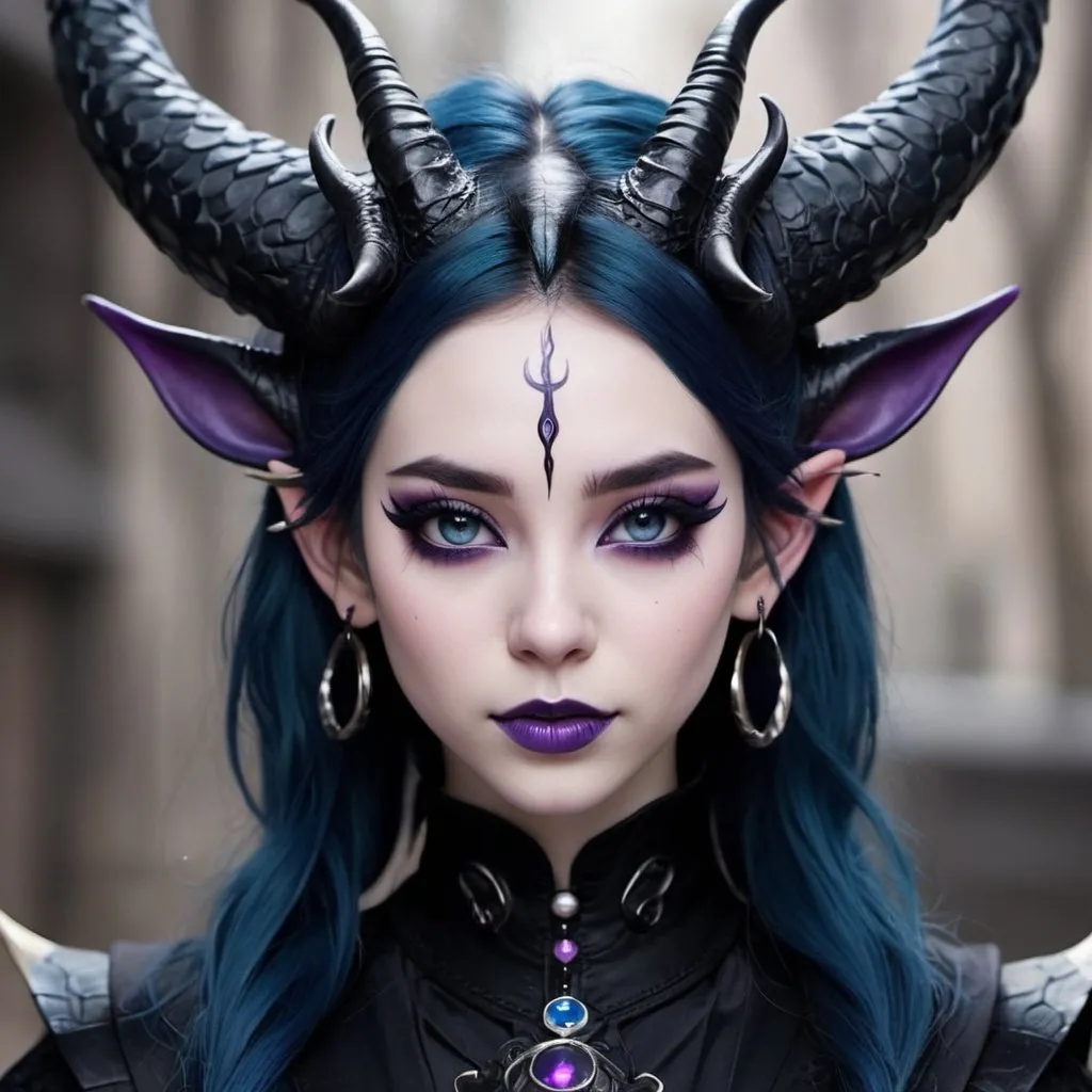 Prompt: Beautiful Chinese dragon girl with horns, and pale skin, and dark purple eyes, and pointed ears, wearing black hanfu with blue accents, and minimal red eyeliner, and very dark blue lipstick