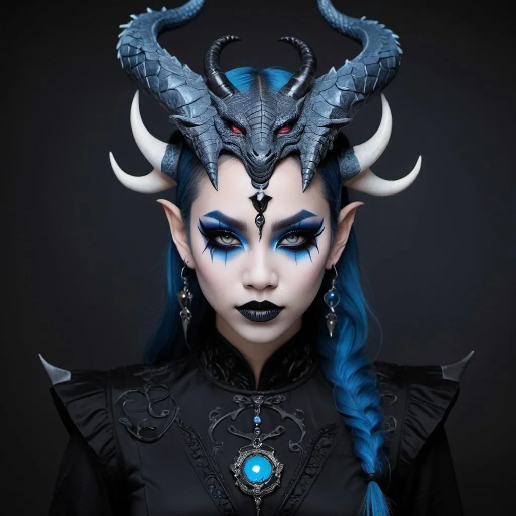 Prompt: Beautiful gothic Chinese dragon girl with horns, and pointed ears, wearing black hanfu with blue accents, and minimal red eyeliner, and very dark blue lipstick