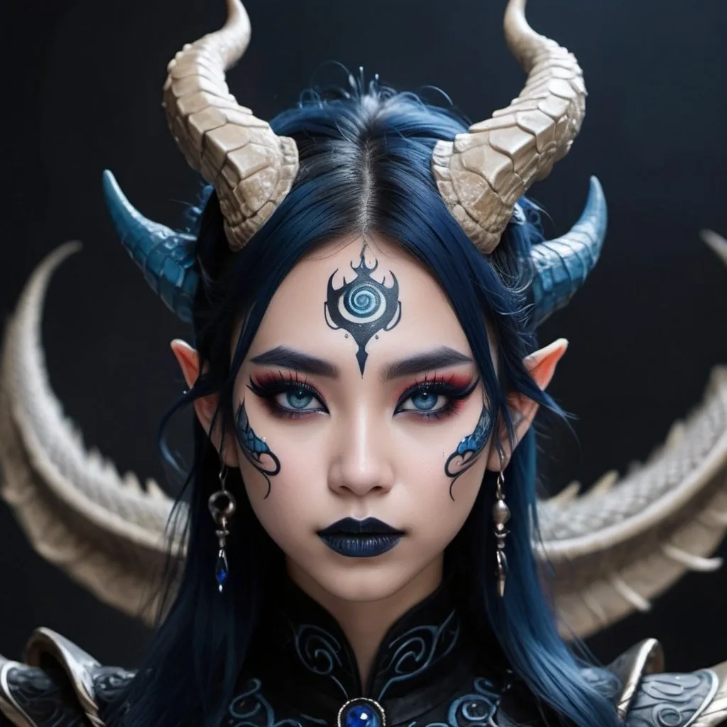 Prompt: Beautiful  Chinese dragon girl with horns, and pointed ears, wearing black hanfu with blue accents, and minimal red eyeliner, and very dark blue lipstick