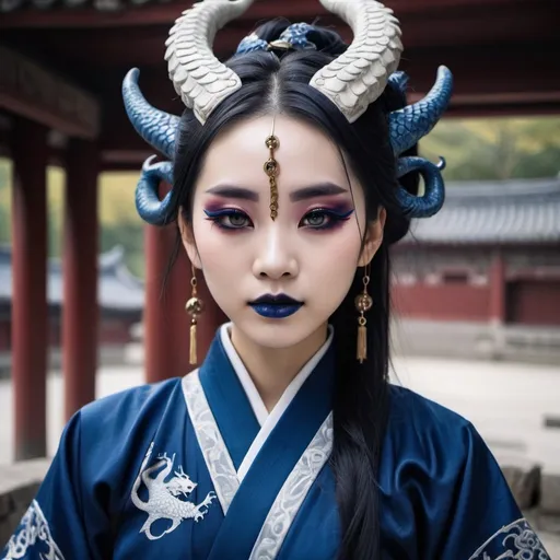 Prompt: Beautiful Chinese dragon girl with horns wearing dark blue hanfu and Gothic makeup