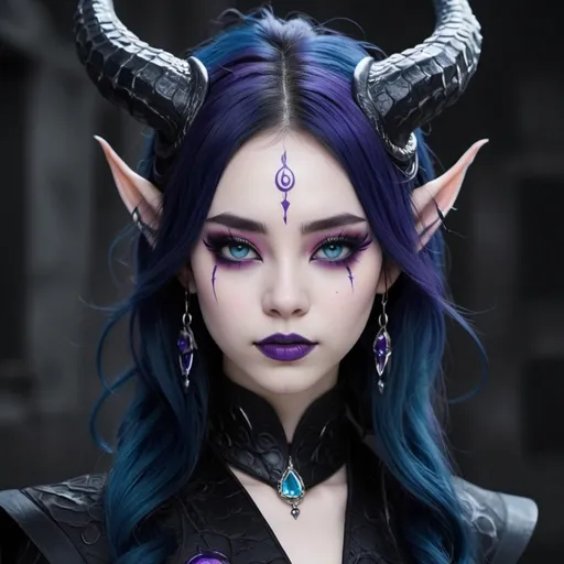 Prompt: Beautiful Chinese dragon girl with horns, and pale skin, and dark purple eyes, and pointed ears, wearing black hanfu with blue accents, and minimal red eyeliner, and very dark blue lipstick