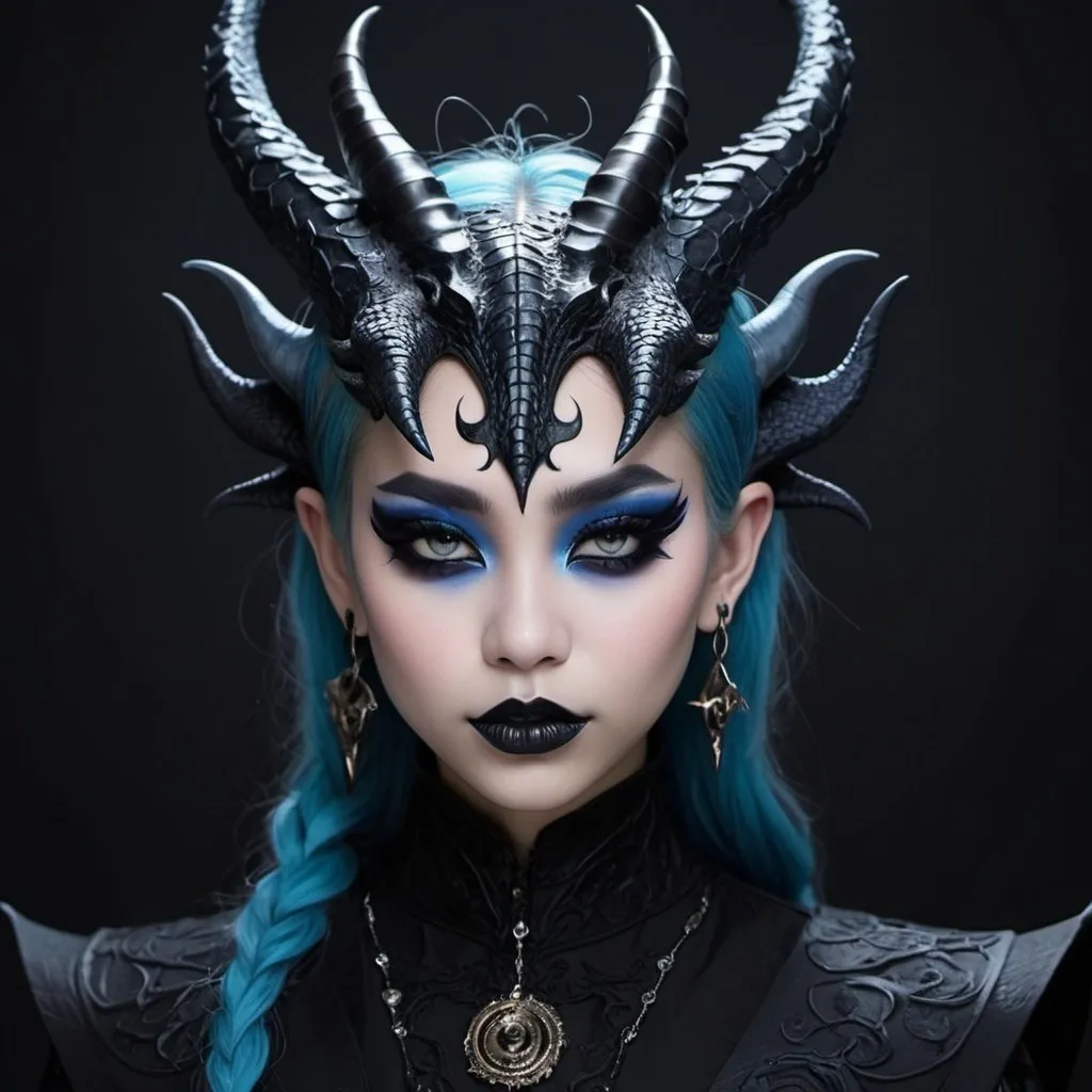 Prompt: Beautiful gothic Chinese dragon girl with horns, and pointed ears, wearing black hanfu with blue accents, and minimal red eyeliner, and very dark blue lipstick